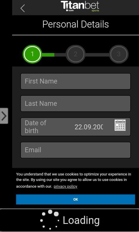 Android Titanbet — страница регистрации в приложении