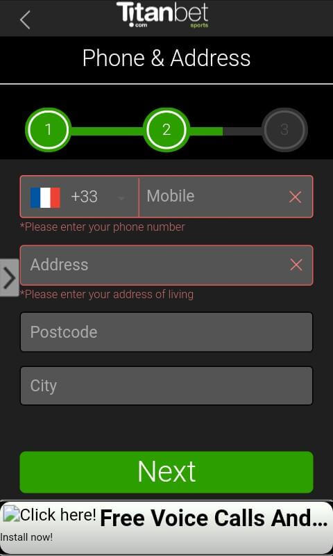 Android Titanbet — страница регистрации для приложения