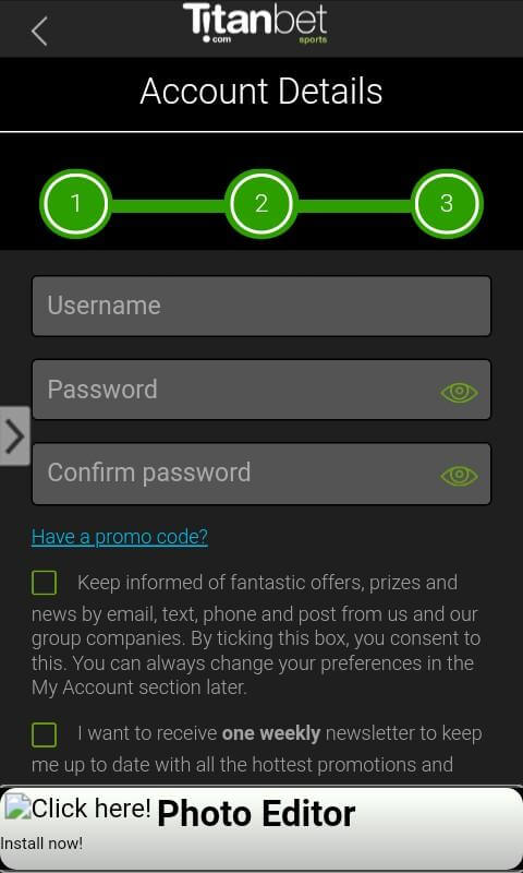 Android Titanbet — завершение регистрации