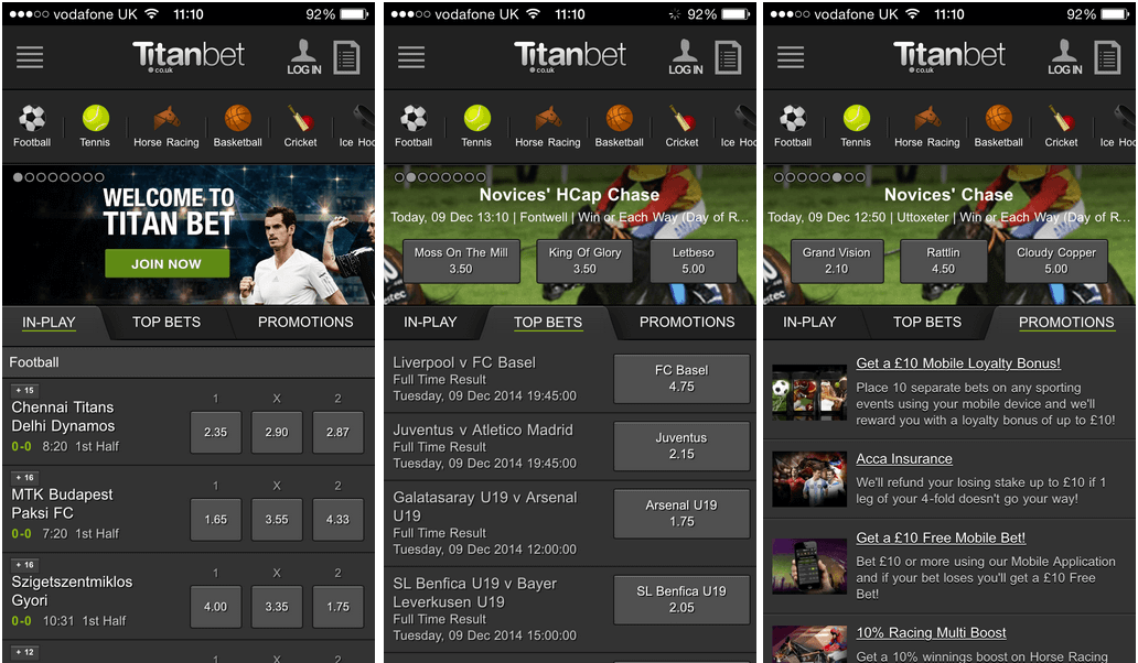 Android Titanbet — основные страницы приложения