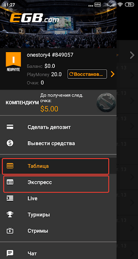 E-Gaming Bets Android — таблица